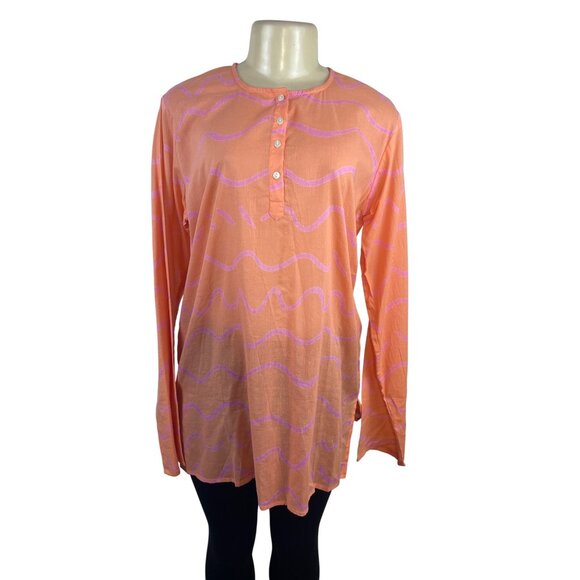 See Design Women’s Coral Long-Sleeve Tunic Blouse With Wave Pattern Sz L - New - Picture 1 of 9